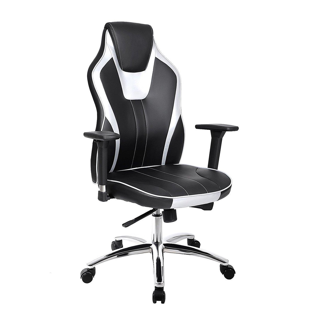Fauteuil de bureau MOMO, Design sportif, Accoudoirs ajustables, Cuir, Noir et Argenté