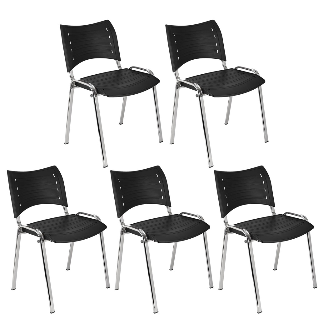 Lot de 5 Chaises visiteur ELVA, empilables et très pratiques, grande qualité, Noir et Piétement Chromé