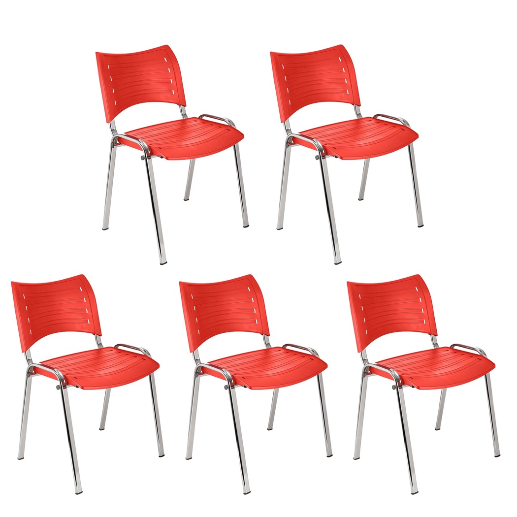 Lot de 5 Chaises visiteur ELVA, empilables et très pratiques, grande qualité, Rouge et Piétement Chromé