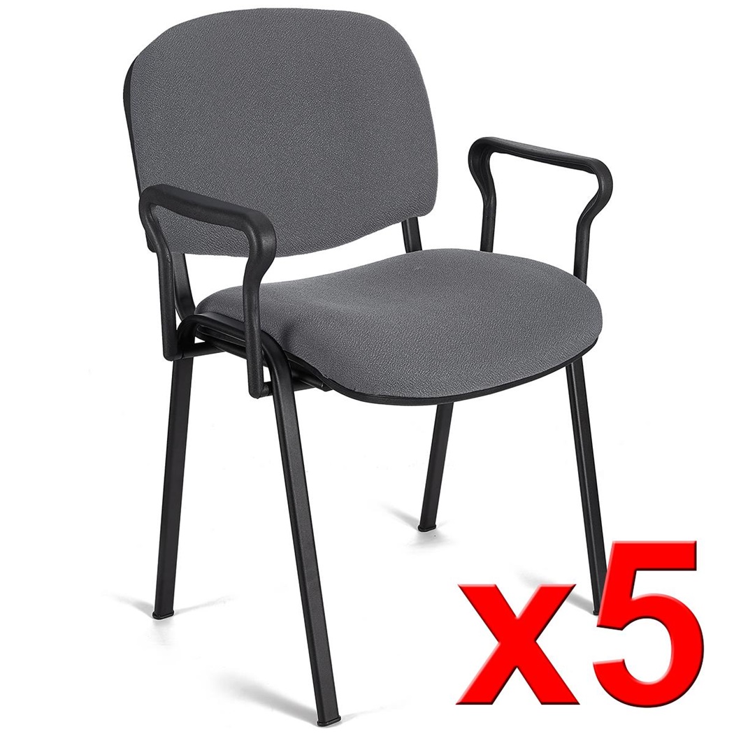 Lot de 5 Chaises visiteur MOBY BASE AVEC ACCOUDOIRS, Commode et Pratique, Piétement Noir et Tissu Gris