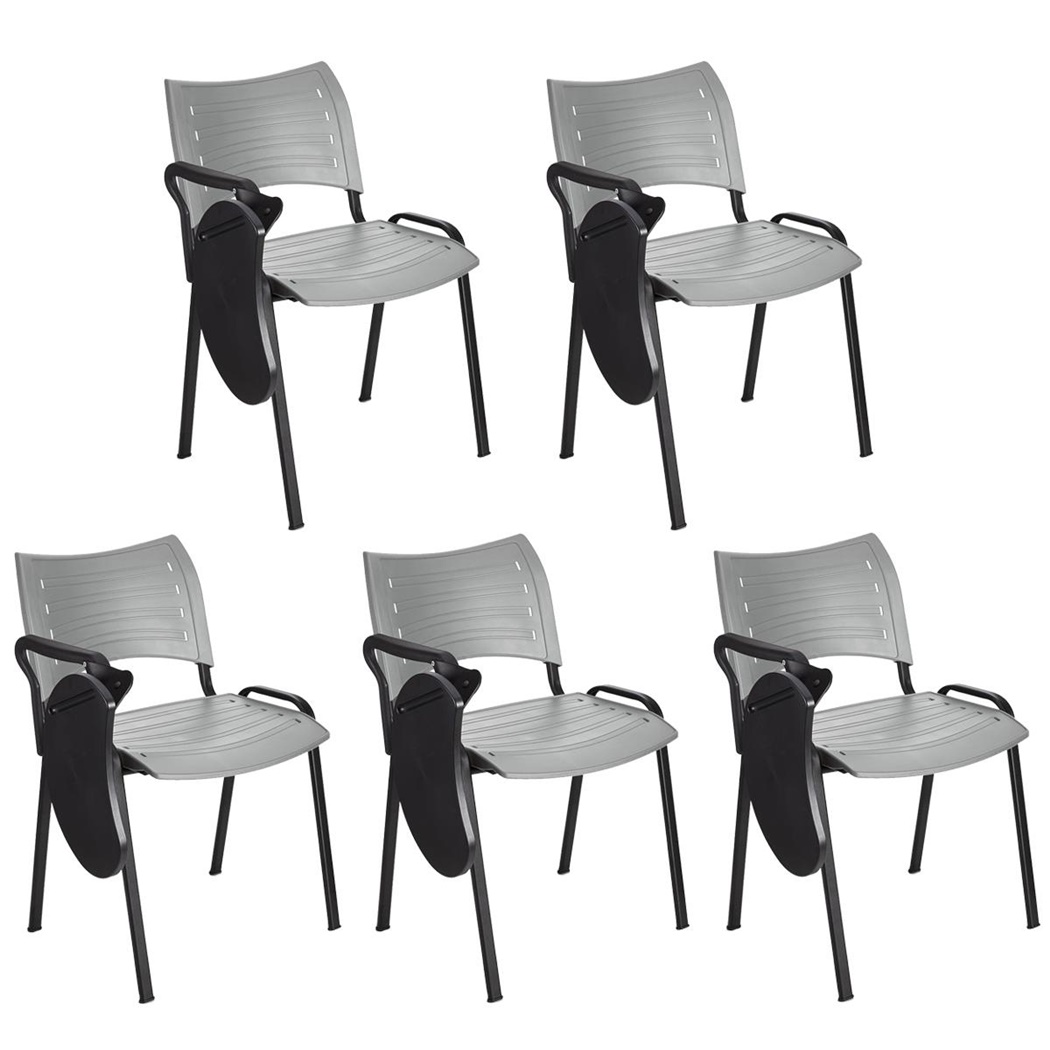 Lot de 5 Chaises visiteur ELVA AVEC TABLETTE, Empilables et Pratiques, Piétement Noir, Gris