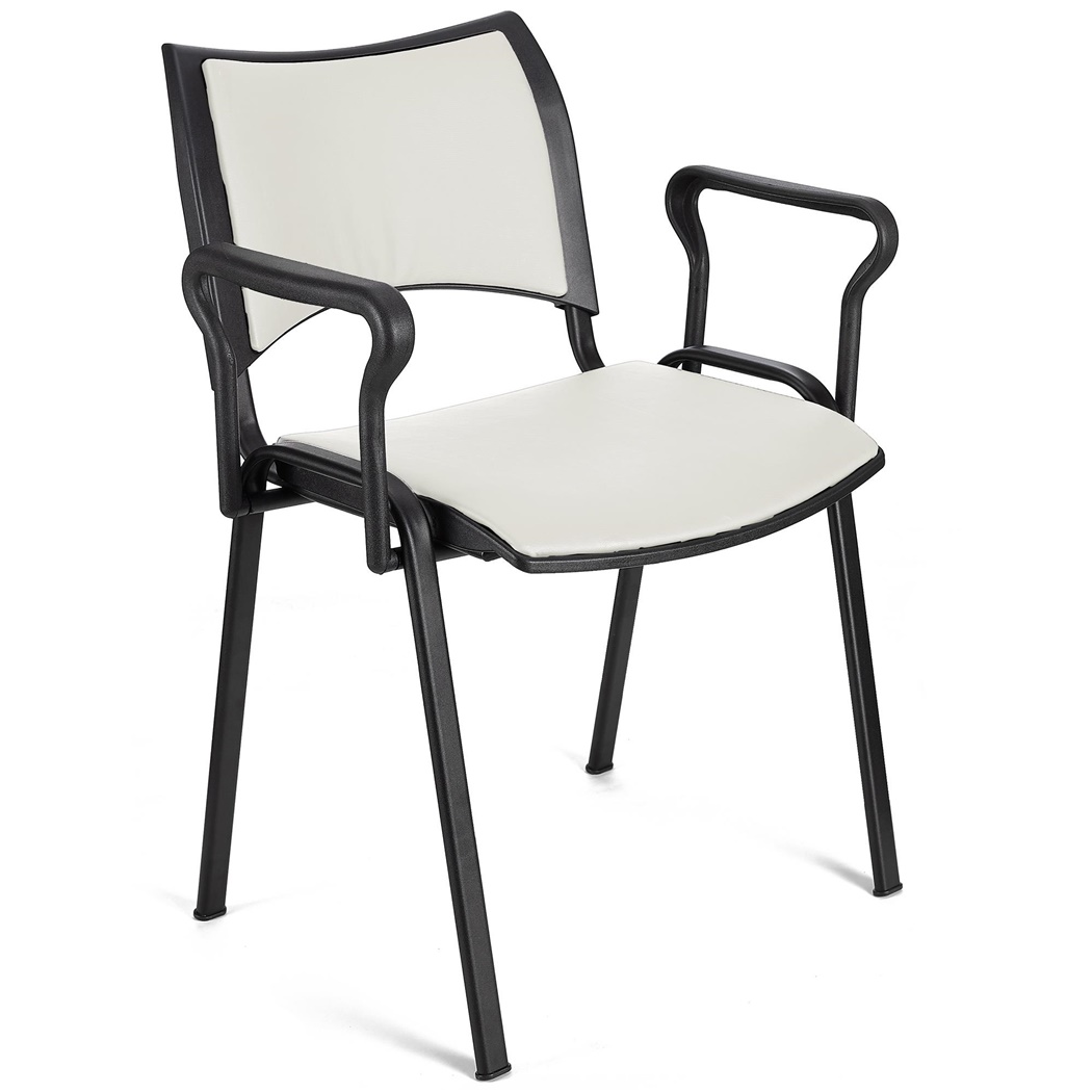 Chaise conférence ROMEL AVEC ACCOUDOIRS CUIR, Rembourrage Commode, Empilable, Piétement Noir, Blanc