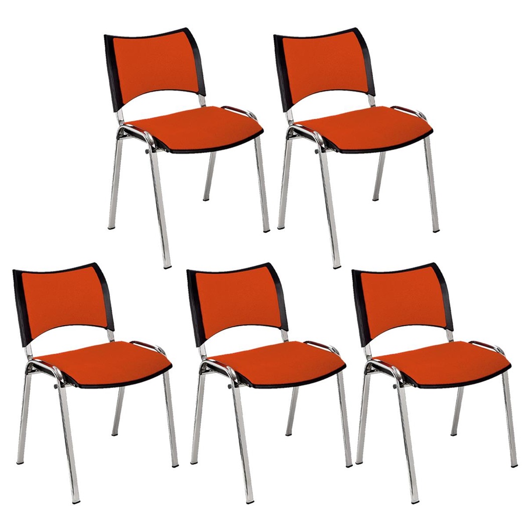 Lot de 5 Chaises conférence ROMEL, Rembourrage Commode, Empilables, Piétement Chromé, en Tissu, Orange