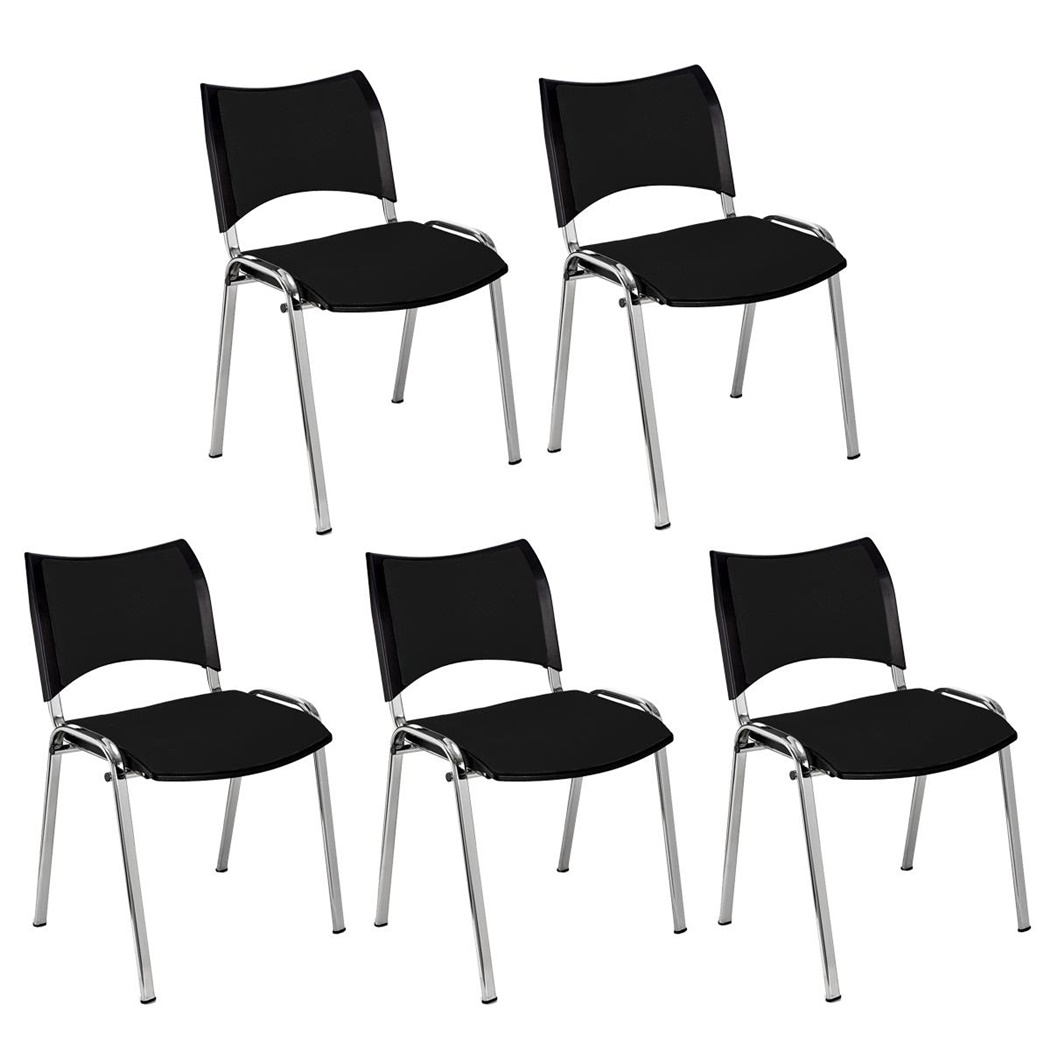 Lot de 5 Chaises conférence ROMEL, Rembourrage Commode, Empilables, Piétement Chromé, en Tissu, Noir