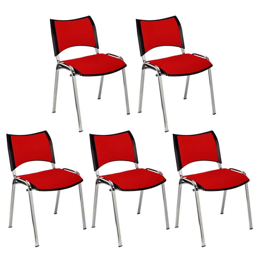 Lot de 5 Chaises conférence ROMEL, Rembourrage Commode, Empilables, Piétement Chromé, en Tissu, Rouge