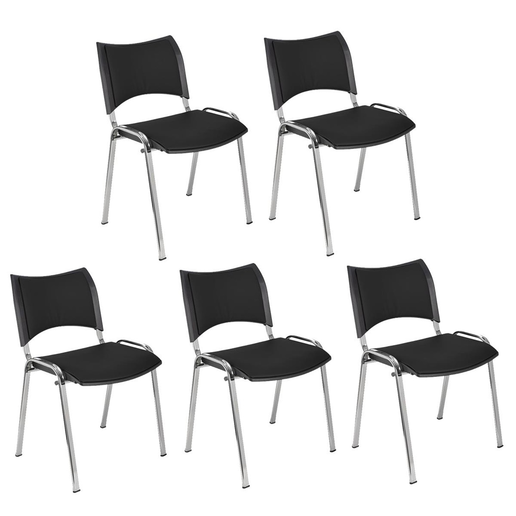 Lot de 5 Chaises conférence ROMEL CUIR, Rembourrage Commode, Empilables, Piétement Chromé, Noir