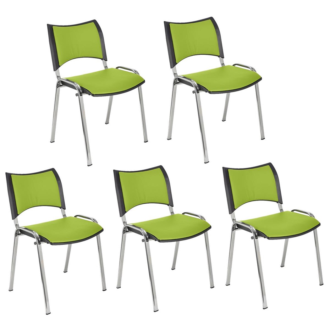 Lot de 5 Chaises conférence ROMEL CUIR, Rembourrage Commode, Empilables, Piétement Chromé, Vert