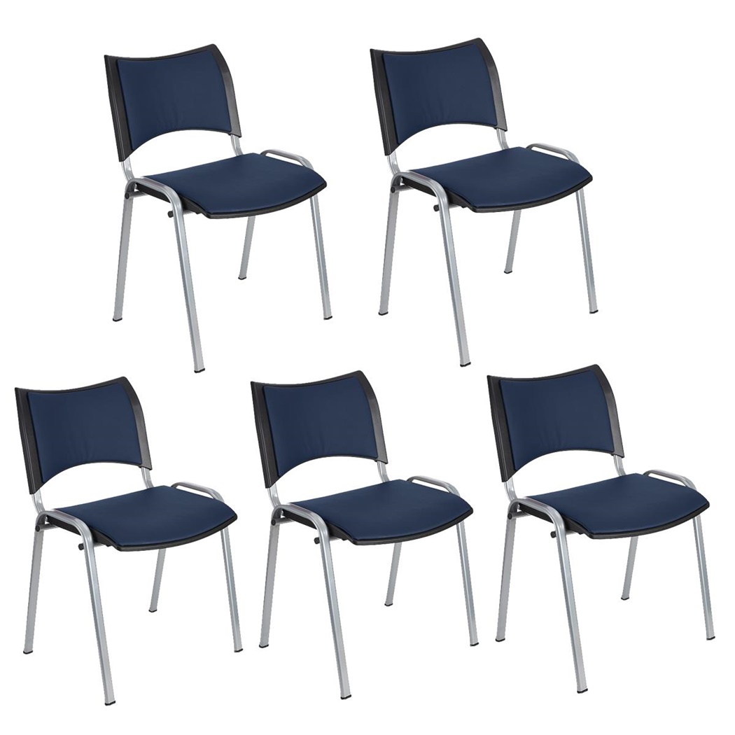 Lot de 5 Chaises conférence ROMEL CUIR, Rembourrage Commode, Empilables, Piétement Gris, Bleu