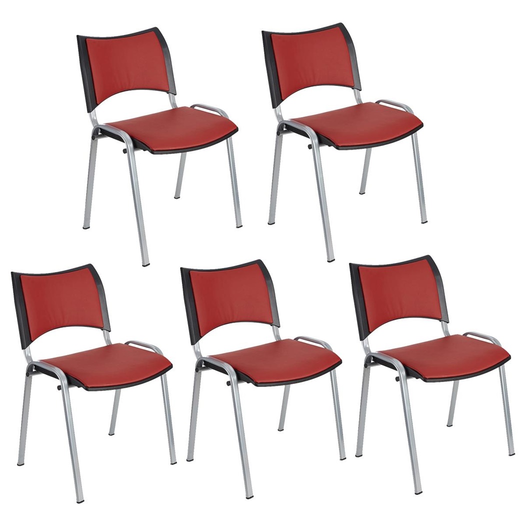 Lot de 5 Chaises conférence ROMEL CUIR, Rembourrage Commode, Empilables, Piétement Gris, Rouge