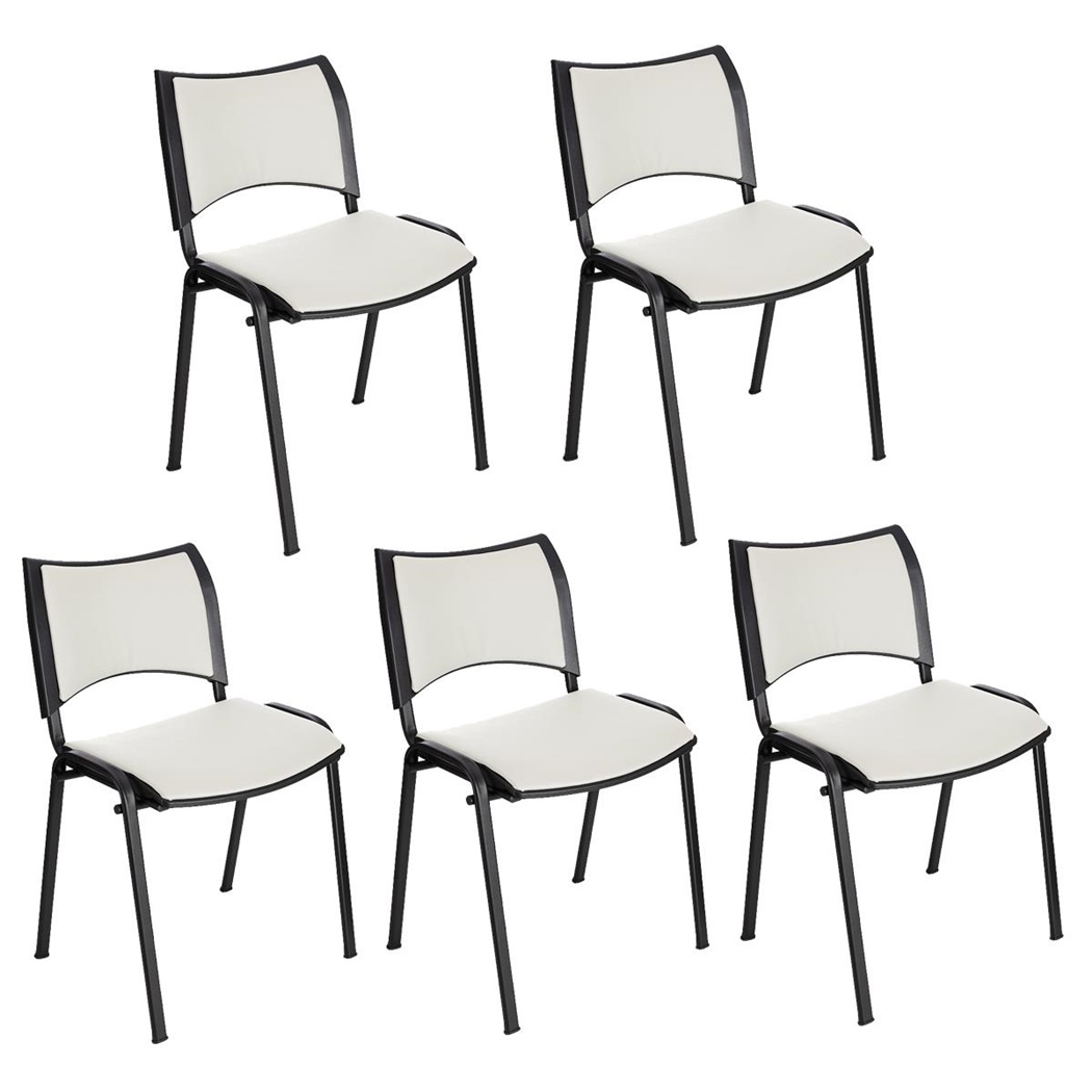 Lot de 5 Chaises conférence ROMEL CUIR, Rembourrage Commode, Empilables, Piétement Noir, Blanc