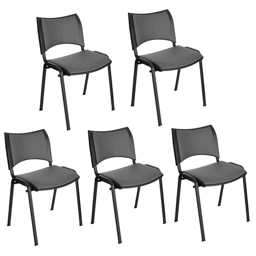 Lot de 5 Chaises conférence ROMEL CUIR, Rembourrage Commode, Empilables, Piétement Noir, Gris