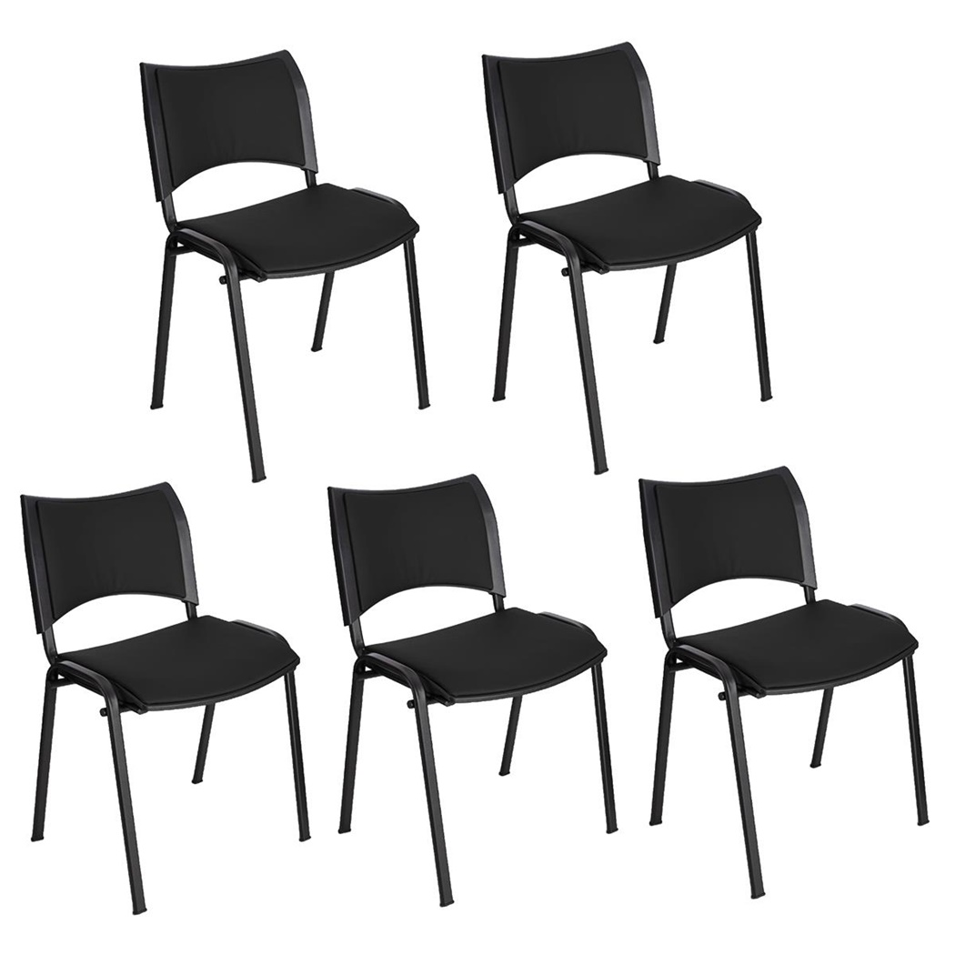 Lot de 5 Chaises conférence ROMEL CUIR, Rembourrage Commode, Empilables, Piétement Noir, Noir