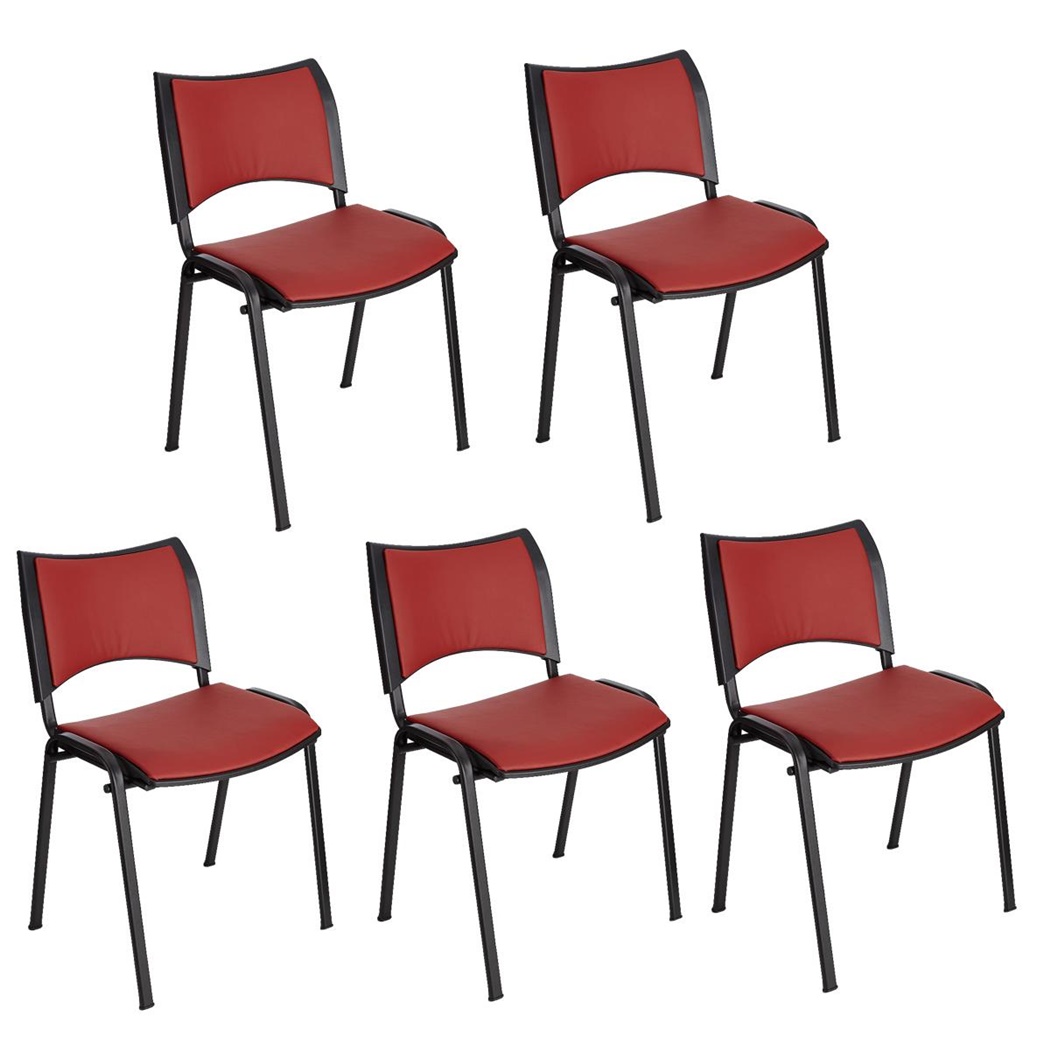 Lot de 5 Chaises conférence ROMEL CUIR, Rembourrage Commode, Empilables, Piétement Noir, Rouge