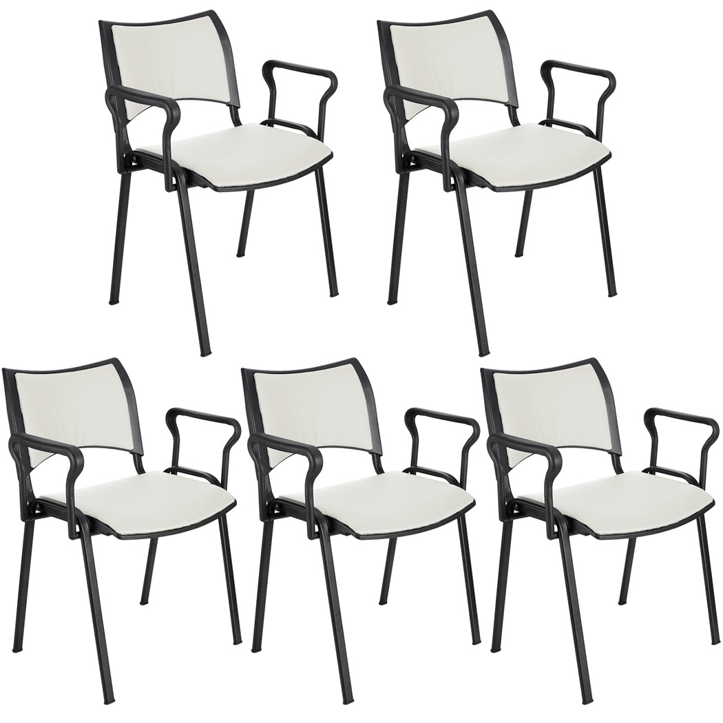 Lot de 5 Chaises conférence ROMEL AVEC ACCOUDOIRS CUIR, Rembourrage Commode, Empilables, Piétement Noir, Blanc