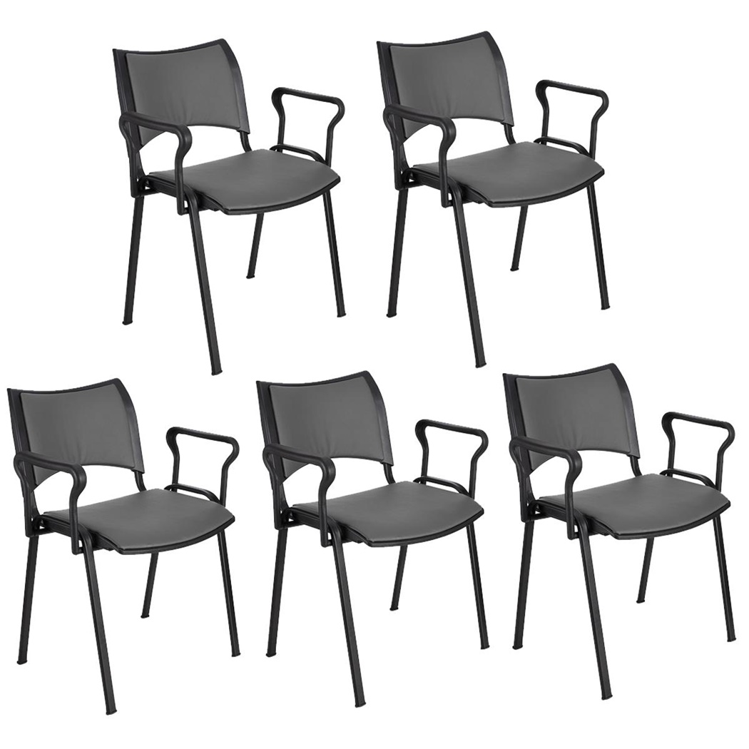 Lot de 5 Chaises conférence ROMEL AVEC ACCOUDOIRS CUIR, Rembourrage Commode, Empilables, Piétement Noir, Gris