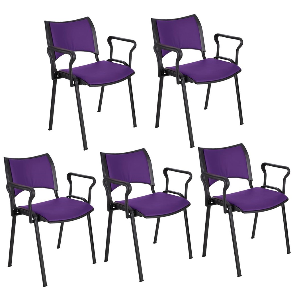 Lot de 5 Chaises conférence ROMEL AVEC ACCOUDOIRS CUIR, Rembourrage Commode, Empilables, Piétement Noir, Violet