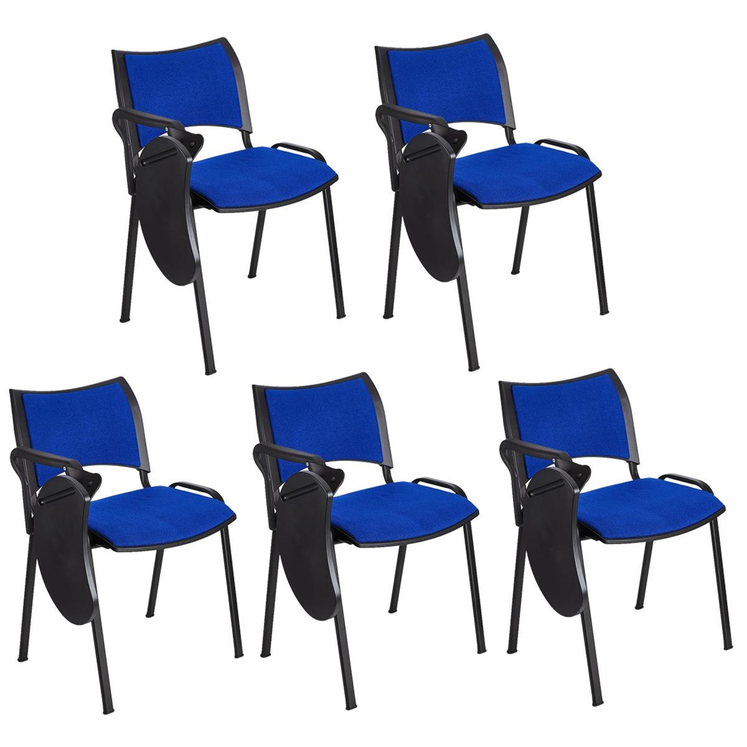 Lot de 5 Chaises conférence ROMEL AVEC TABLETTE, Rembourrage Commode, Empilables, Piétement Noir, en Tissu, Bleu