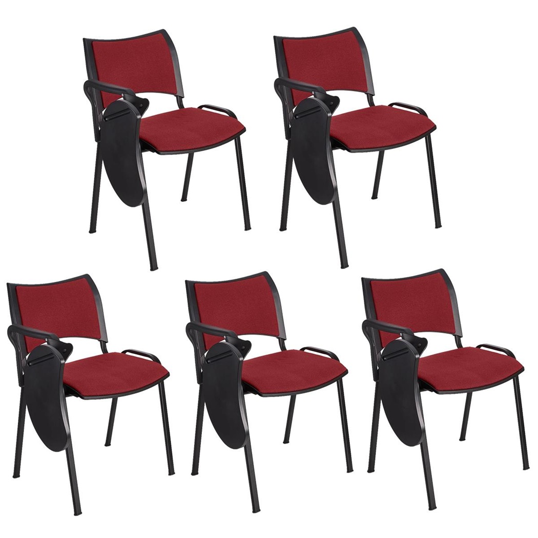 Lot de 5 Chaises conférence ROMEL AVEC TABLETTE, Rembourrage Commode, Empilables, Piétement Noir, en Tissu, Bordeaux