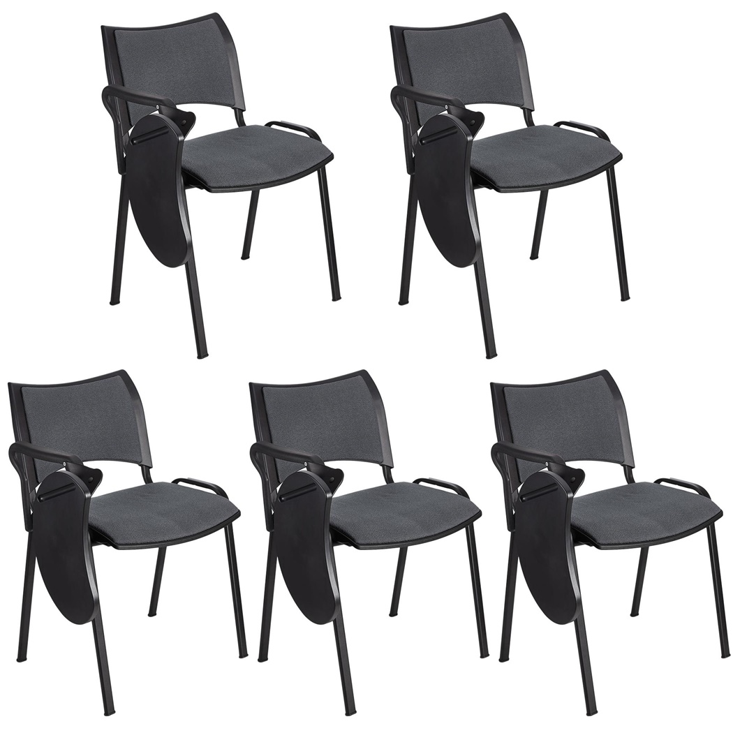 Lot de 5 Chaises conférence ROMEL AVEC TABLETTE, Rembourrage Commode, Empilables, Piétement Noir, en Tissu, Gris