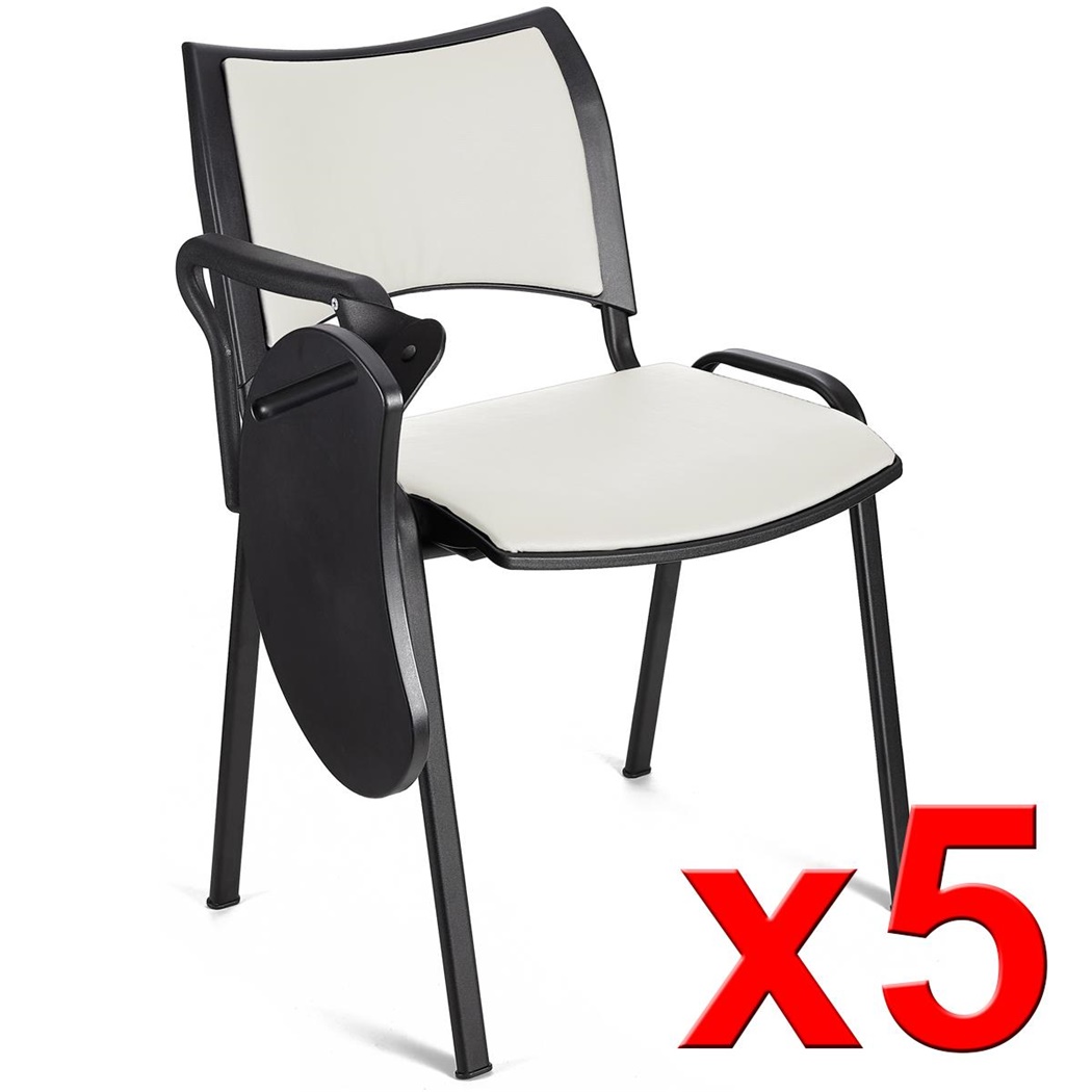 Lot de 5 Chaises conférence ROMEL AVEC TABLETTE CUIR, Rembourrage Commode, Empilables, Piétement Noir, Blanc