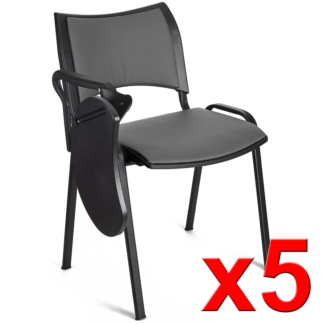 Lot de 5 Chaises conférence ROMEL AVEC TABLETTE CUIR, Rembourrage Commode, Empilables, Piétement Noir, Gris