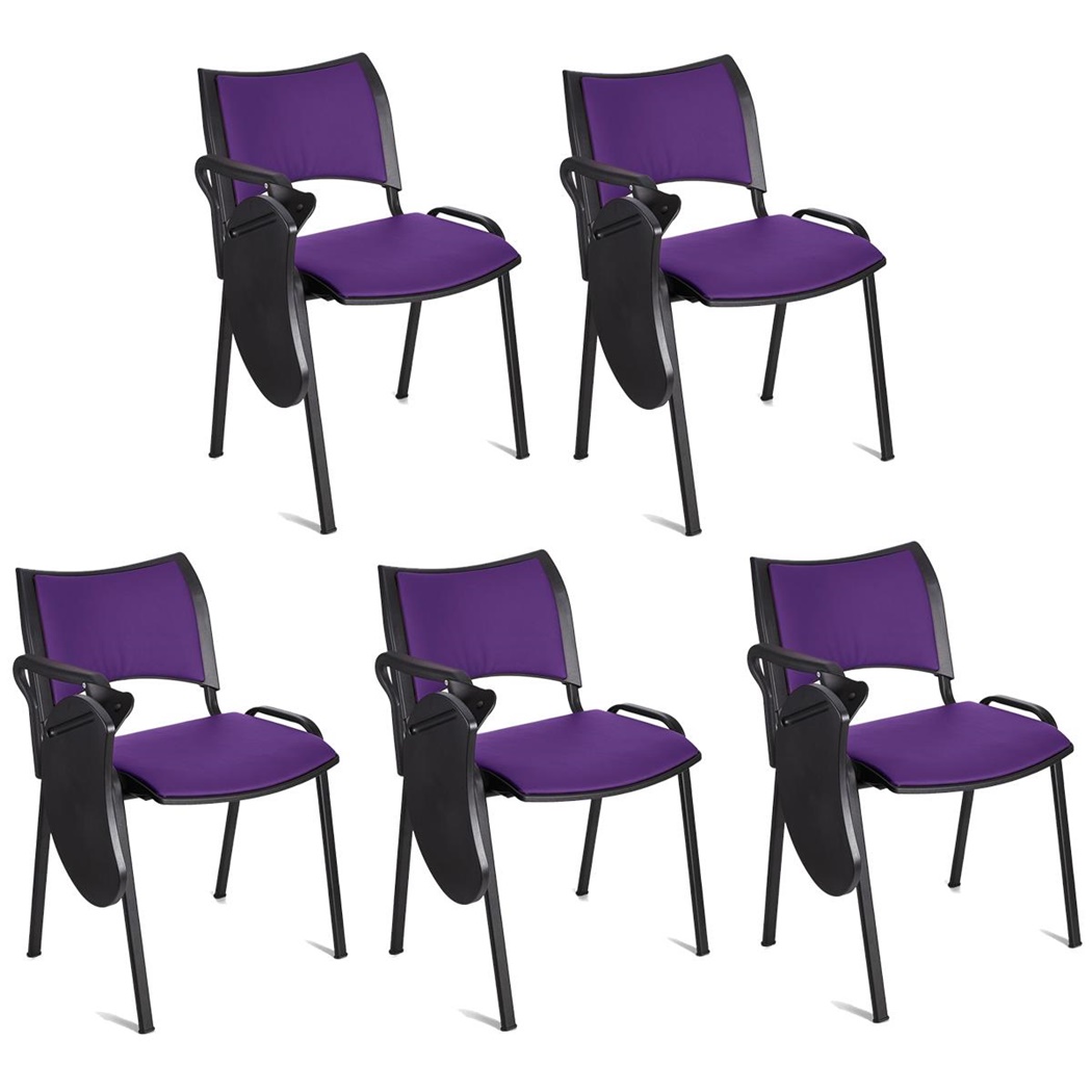 Lot de 5 Chaises conférence ROMEL AVEC TABLETTE CUIR, Rembourrage Commode, Empilables, Piétement Noir, Violet