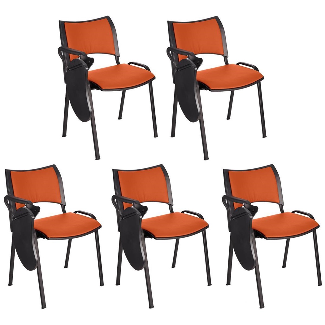 Lot de 5 Chaises conférence ROMEL AVEC TABLETTE CUIR, Rembourrage Commode, Empilables, Piétement Noir, Orange