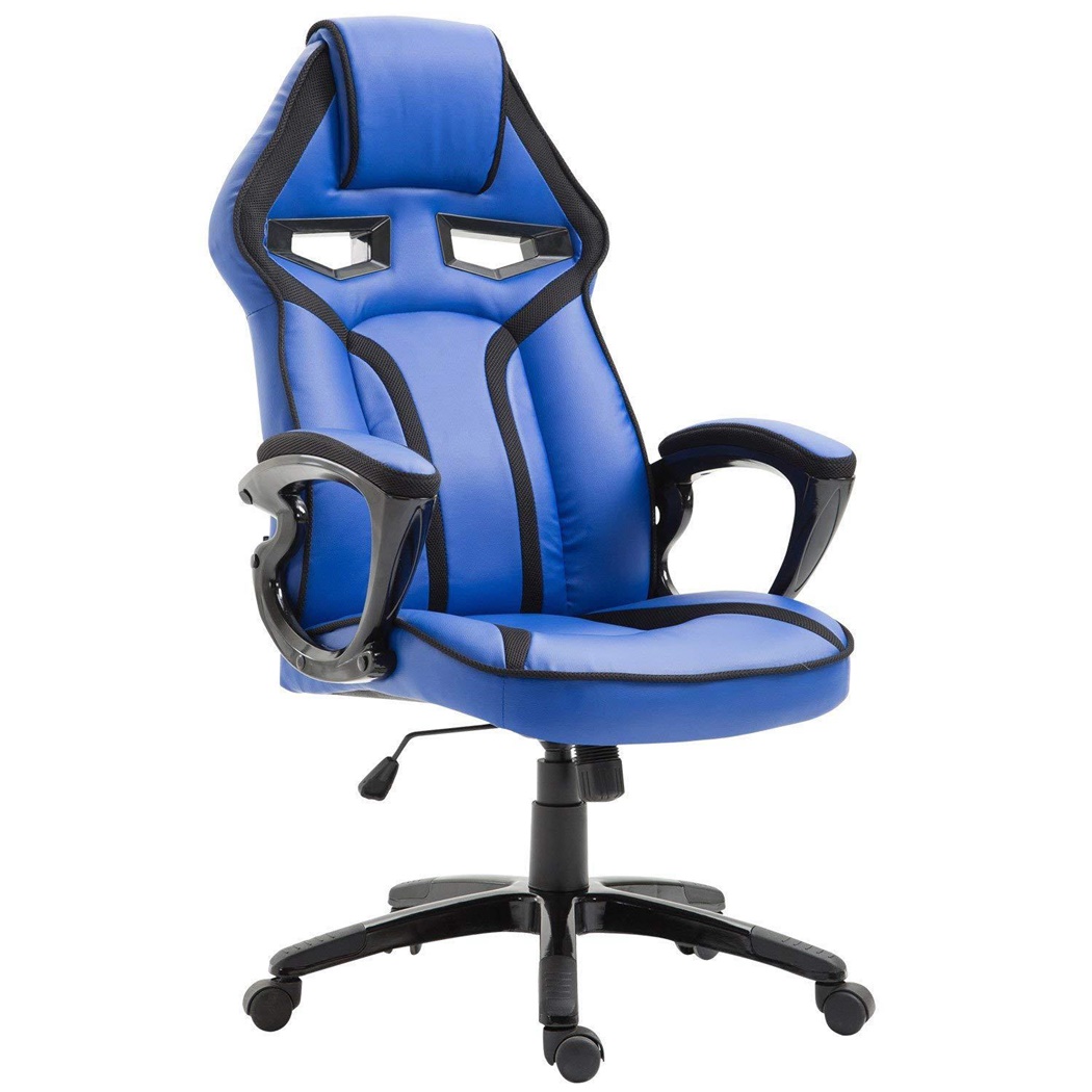 Chaise Gaming GOTHAM, Mécanisme d’Inclinaison Basculant, Design Sportif, en Cuir Bleu