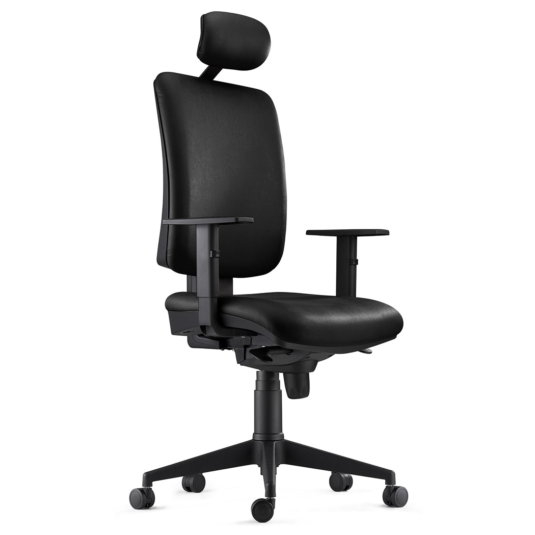 Chaise ergonomique PIERO, Appui-tête et Accoudoirs Ajustables, en Cuir Noir