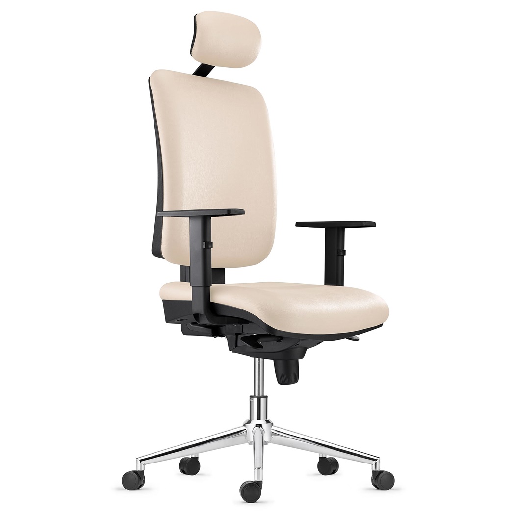 Chaise ergonomique PIERO, Piétement en Acier chromé, Appui-tête et Accoudoirs Ajustables, en Cuir Crème