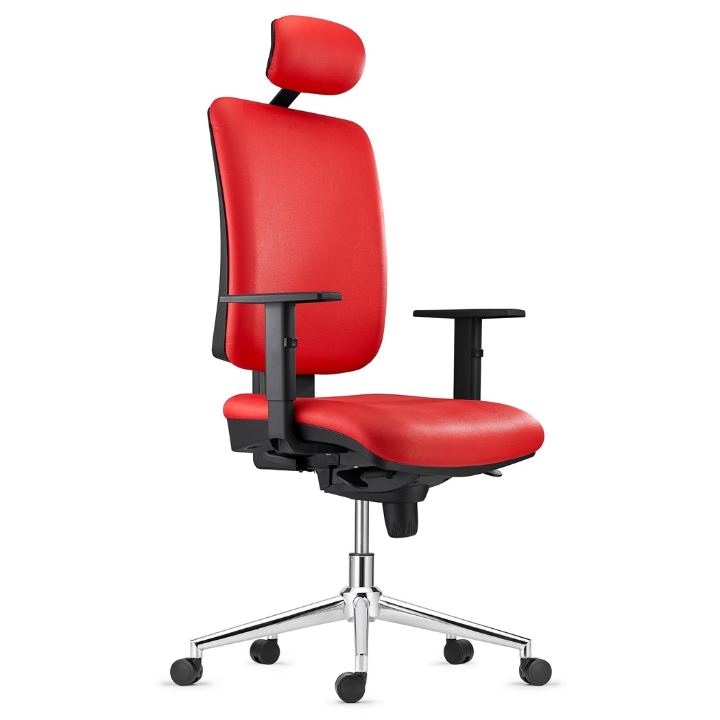 Chaise ergonomique PIERO, Piétement en Acier chromé, Appui-tête et Accoudoirs Ajustables, en Cuir Rouge