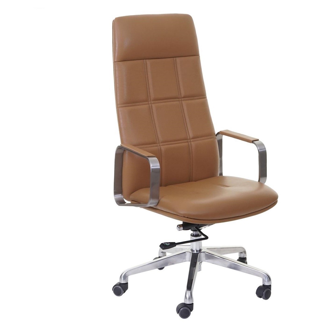 Chaise de bureau ROKE, Certifiée ISO 9001, Mécanisme Basculant, Cuir Authentique, Marron Clair