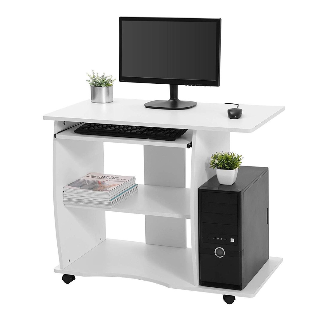 Bureau Informatique DAMIAN, Dimensions 90x50x75 cm, avec Roulettes, en Bois Blanc