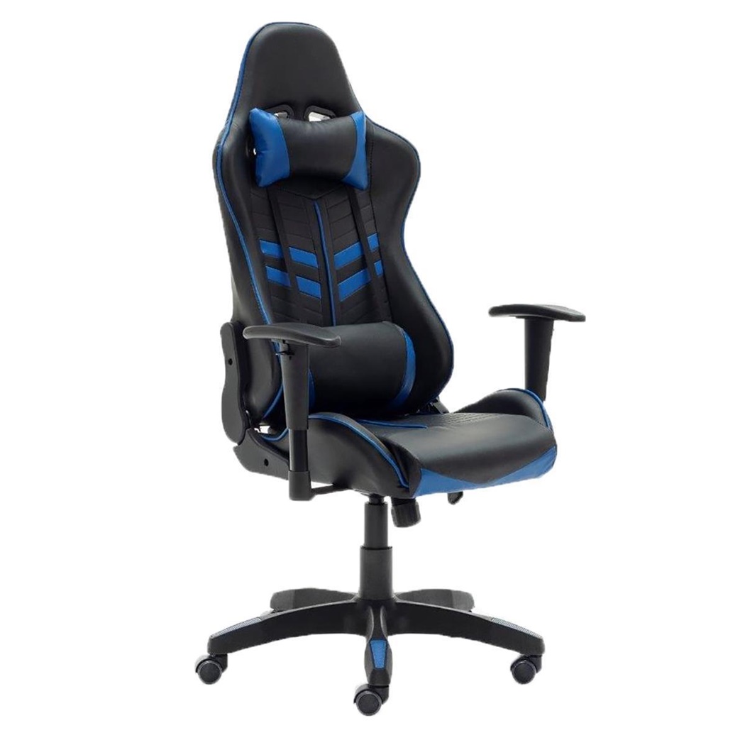 Chaise Gaming REGINA, Dossier Inclinable, Coussin Lombaire et Cervical, en Noir et Bleu