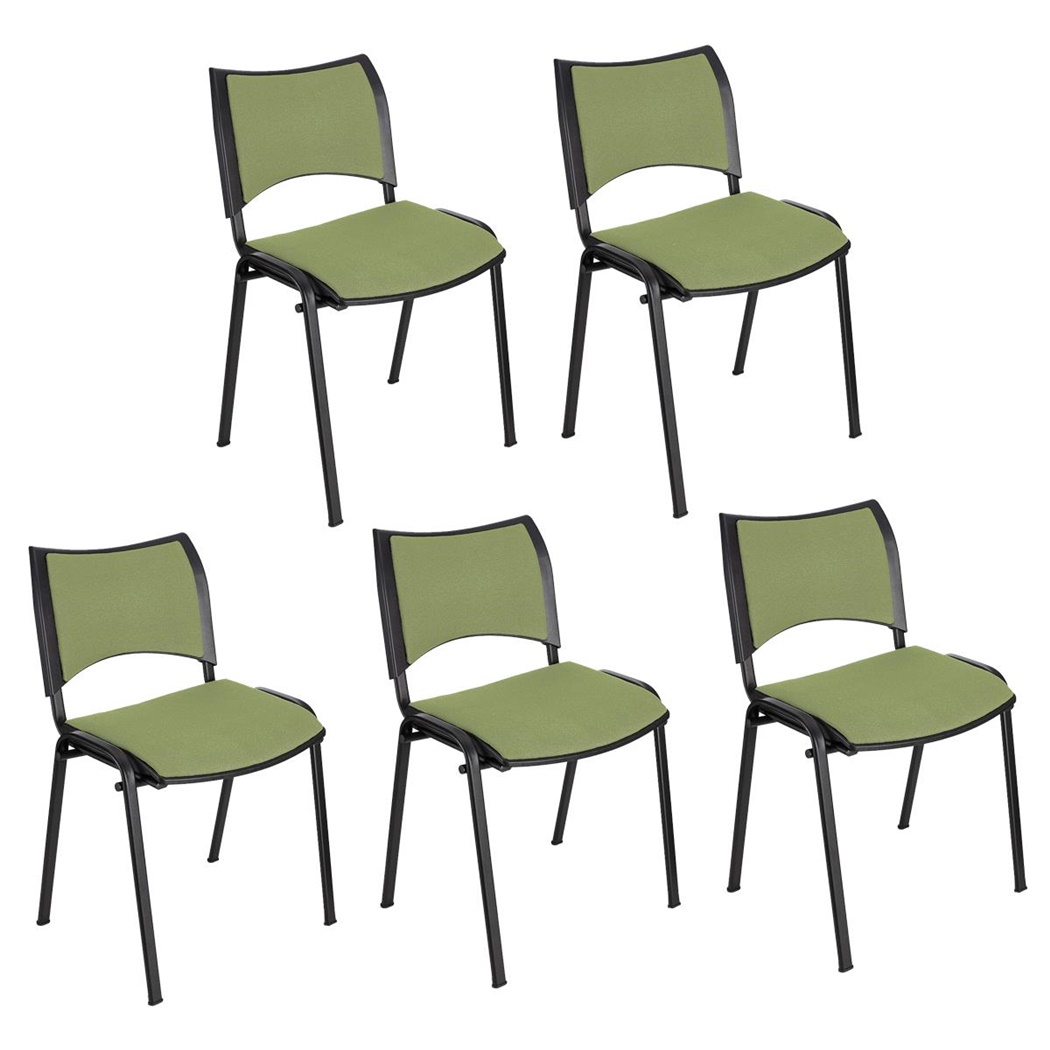 Lot de 5 Chaises conférence ROMEL, Rembourrage Commode, Empilables, Piétement Chromé, en Tissu, Vert Olive