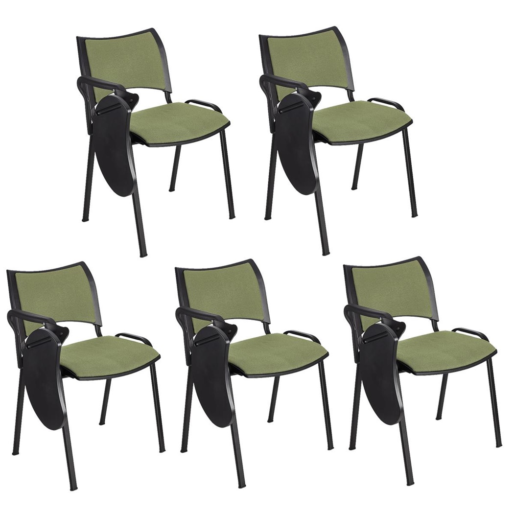 Lot de 5 Chaises conférence ROMEL AVEC TABLETTE, Rembourrage Commode, Empilables, Piétement Noir, en Tissu, Vert Olive