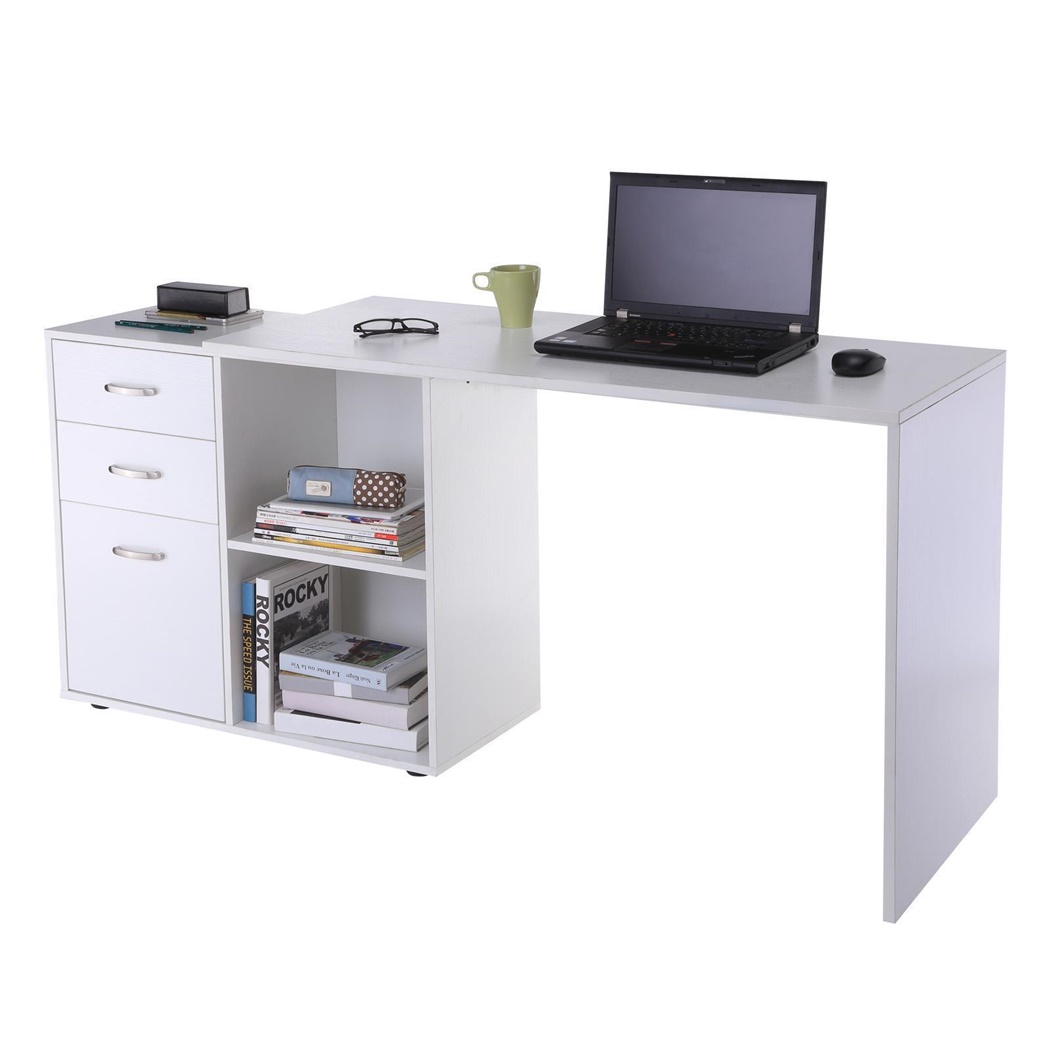 Bureau Informatique Modulable CANDA, avec Tiroirs et  Étagères de Rangement, en Bois, Blanc