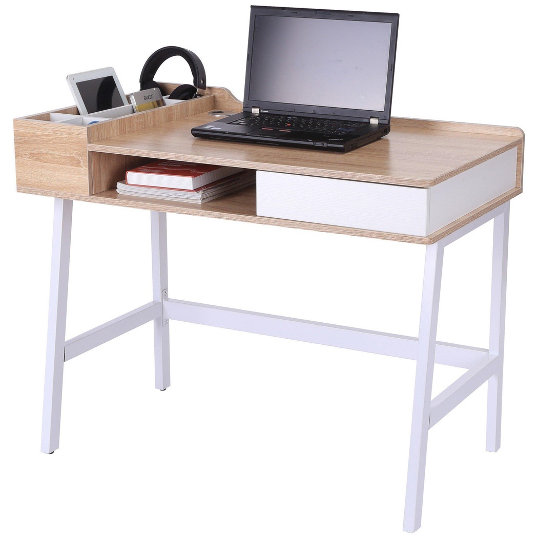 Bureau Informatique GADEA, 100x55x81 cm, en Métal et Bois couleur Chêne, Blanc