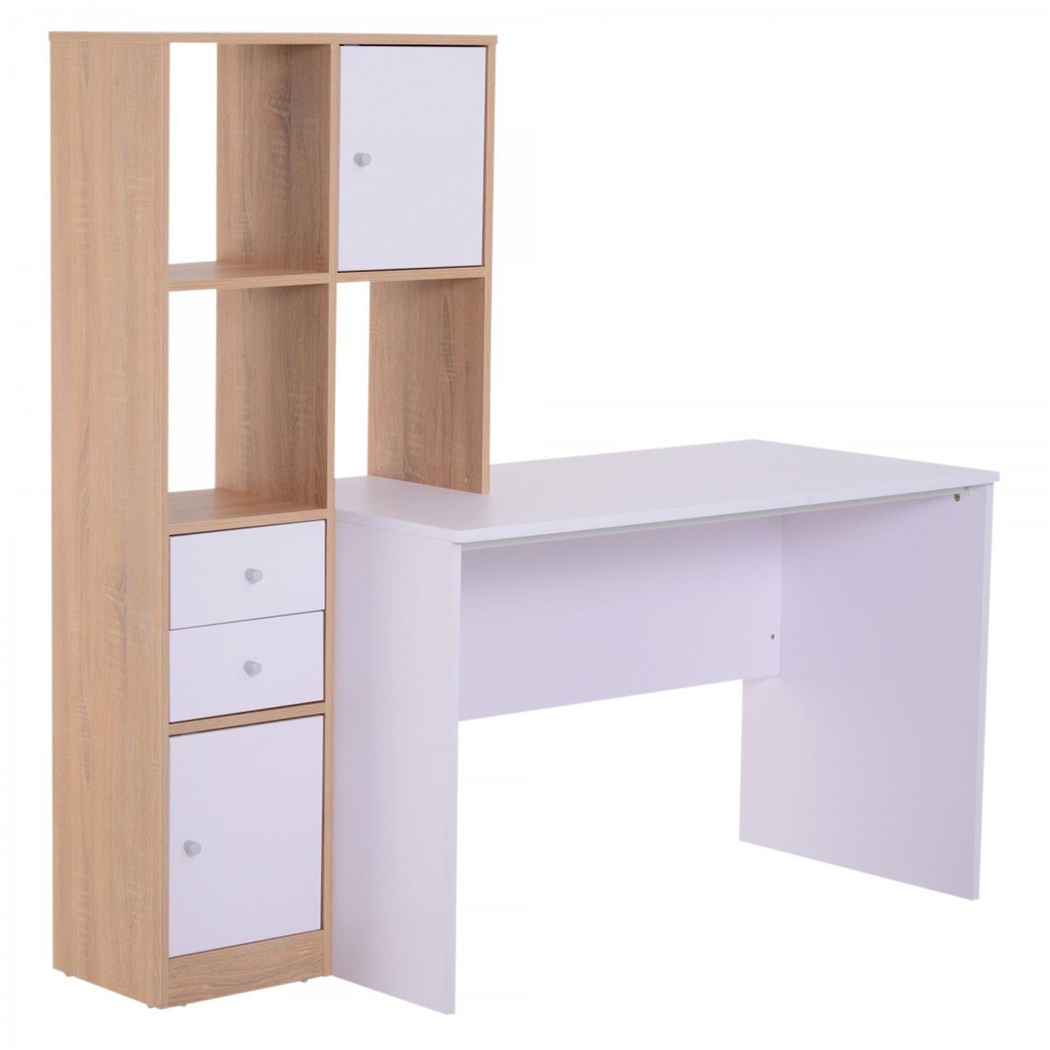 Bureau LINDSAY, avec Tiroirs et Étagères, 153x60x148 cm, en Bois, Blanc/Chêne