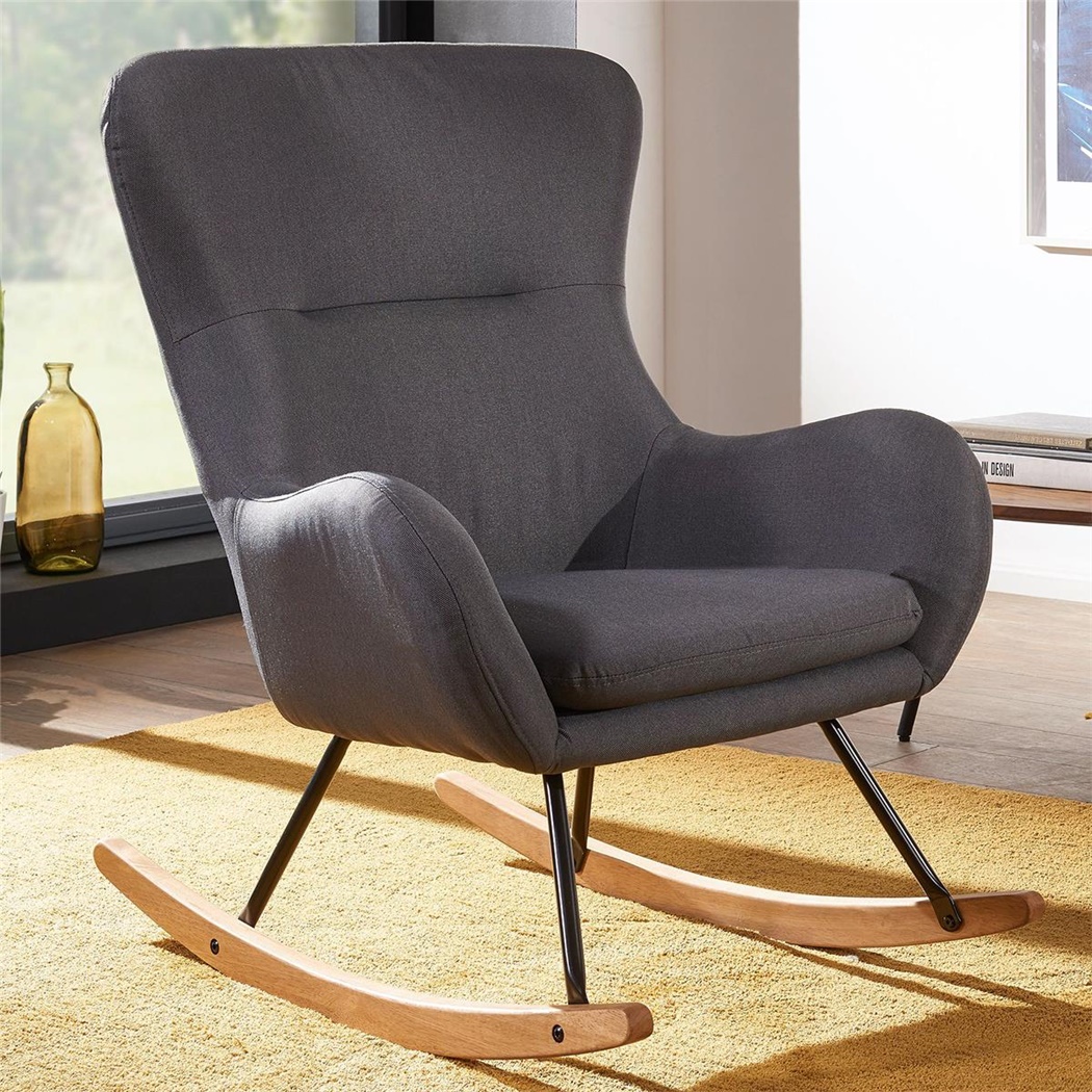 Fauteuil à bascule ANITA, Grand Rembourrage, Design Moderne, en Tissu Gris