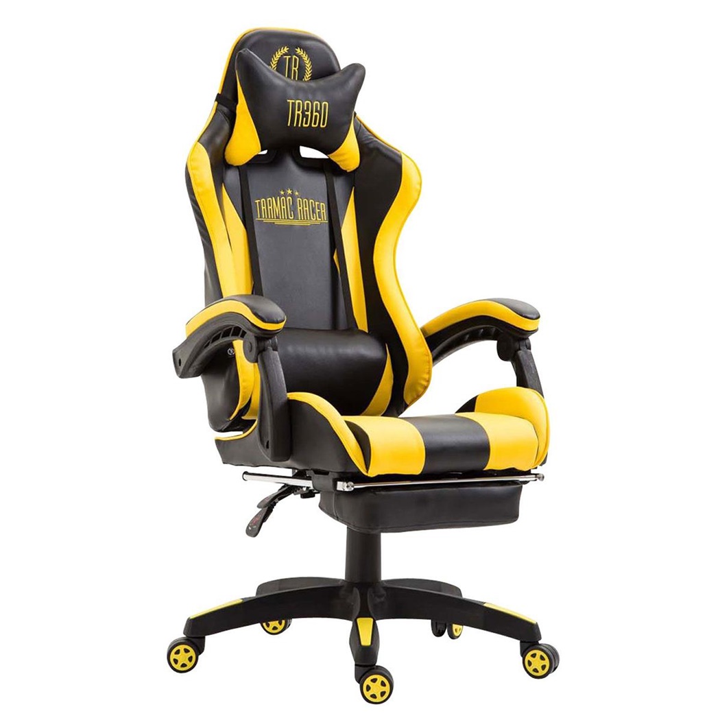 Chaise Gaming LAUDA avec Repose-Pieds, Coussin Lombaire et Cervical, en Cuir, Noir/Jaune