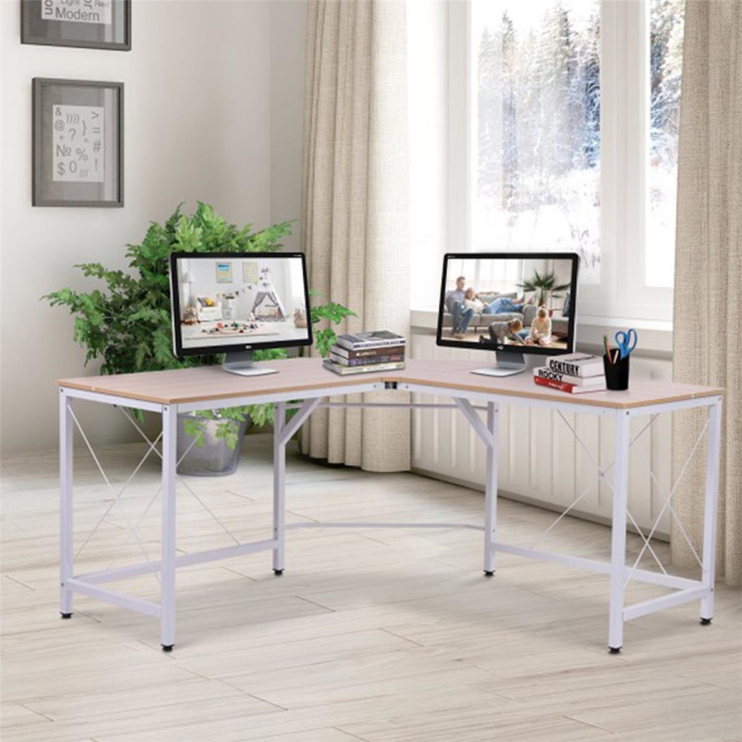 Bureau d'Angle MARLY, 150x150x76cm, en Métal et Bois, Blanc et Chêne