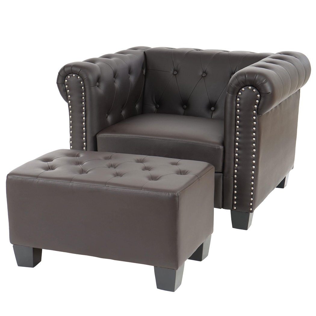 Fauteuil 1 Place CHESTER avec POUF, Design Élégant, Grand Rembourrage, en Cuir, Marron
