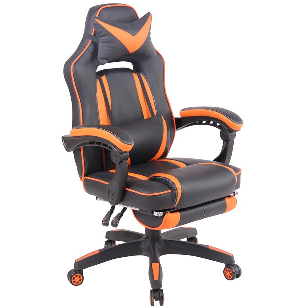 Fauteuil gaming MARQUEZ, Repose-Pieds Extensible, en Cuir, Noir et Orange