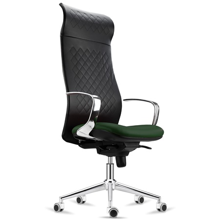 Fauteuil Ergonomique YEDA, Dossier Haut, Piétement Métallique, en Cuir Noir et Vert