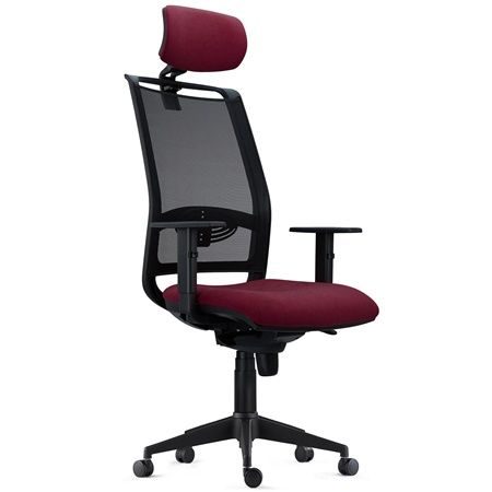 Chaise Ergonomique NEPTUNE, Appui-Tête, Support Lombaire, Utilisation 8 Heures, en Maille Noire et Tissu Bordeaux