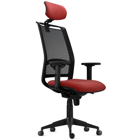 Chaise Ergonomique NEPTUNE, Appui-Tête, Support Lombaire, Utilisation 8 Heures, en Maille Noire et Tissu Rouge