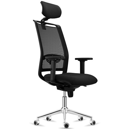 Chaise Ergonomique NEPTUNE, Appui-Tête, Support Lombaire, Utilisation 8 Heures, Piétement Métallique, en Maille Noire et Tissu Noir