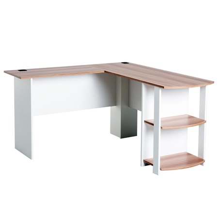 Bureau Informatique d'Angle, DAVEN, 136x130x72 cm, avec Rangements, en Bois, Blanc et Hêtre