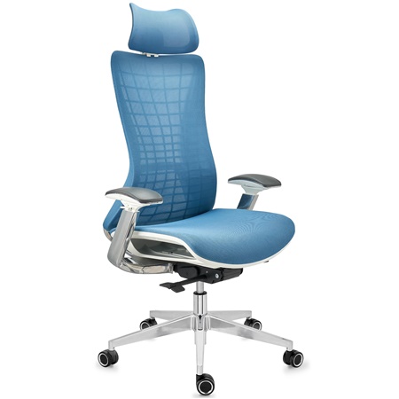 Chaise Ergonomique ENERGY, Appui-tête, Excellente Qualité, en Maille, Bleu